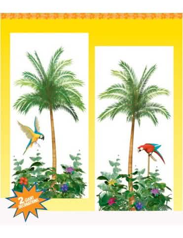 Decoraciones murales de palmeras para fiesta con loros y flores exóticas