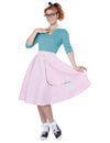Déguisement 50's pour femme rose avec cardigan bleu et motif caniche