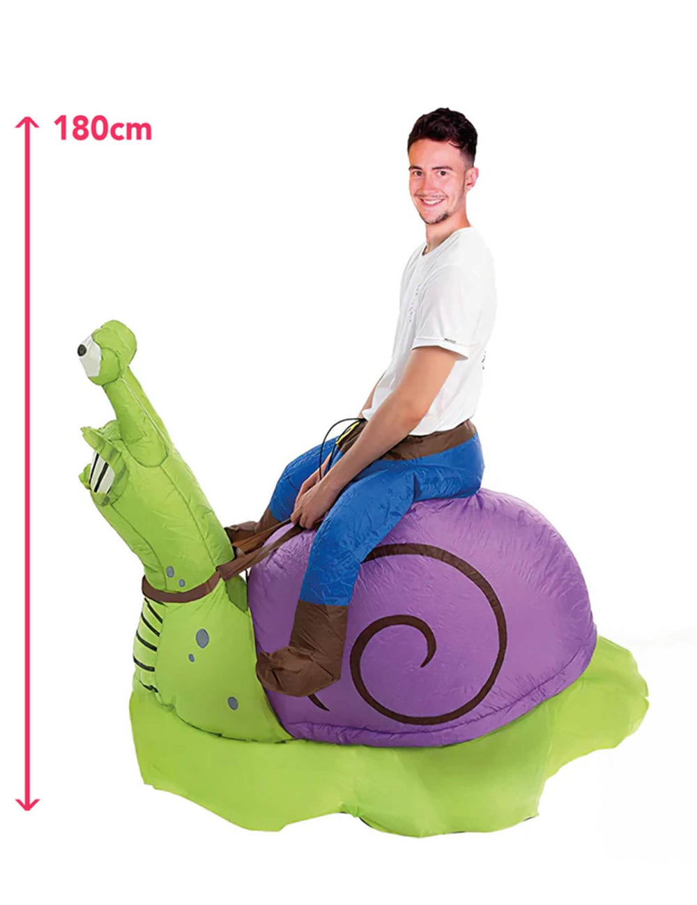 Vue de profil montrant la hauteur du déguisement à dos d'escargot gonflable