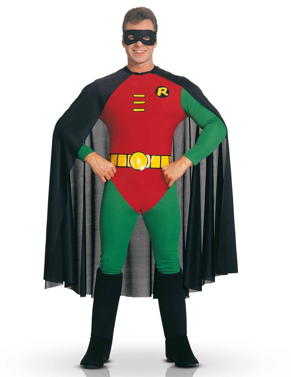 Disfraz Robin™ para adulto rojo y verde con capa negra y máscara
