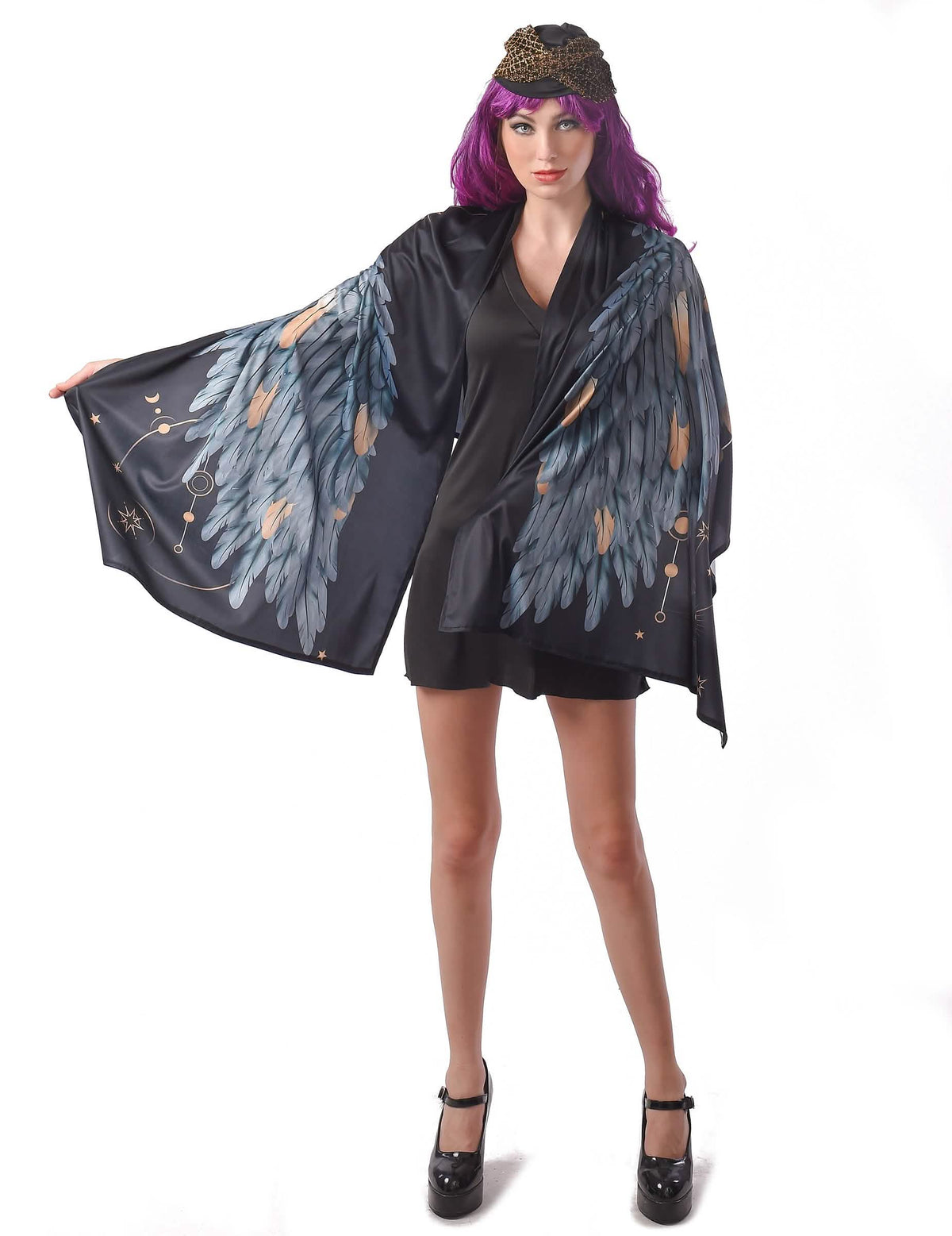 Disfraz poncho alas de ángel para mujer negro con plumas azules y doradas