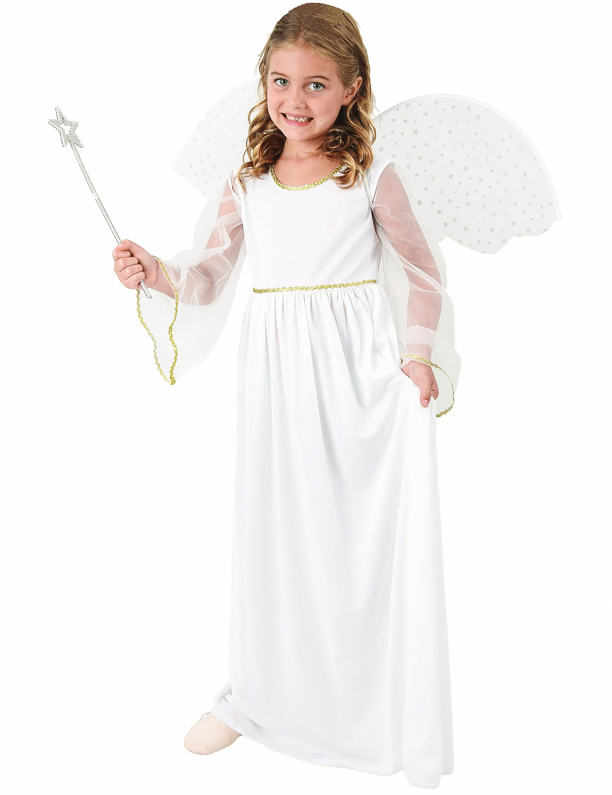 Déguisement ange pour fille blanc avec ailes et baguette étoilée