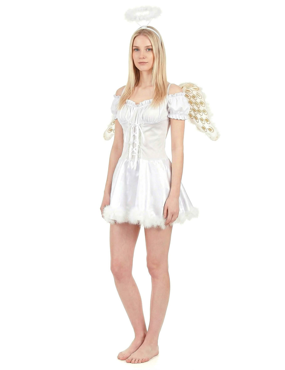 Vue de trois-quarts du déguisement ange blanc sexy pour femme