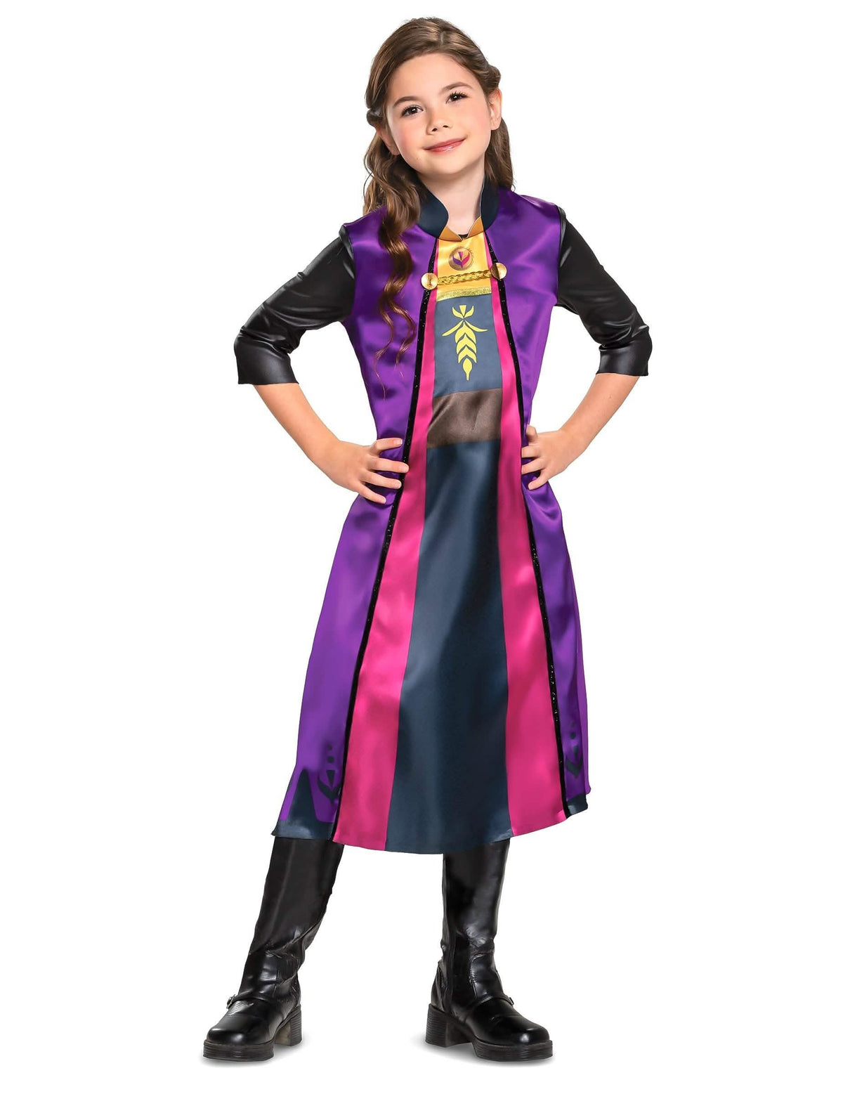 Vue de face de la robe d'Anna du déguisement de couple Elsa et Anna La Reine des Neiges pour enfants