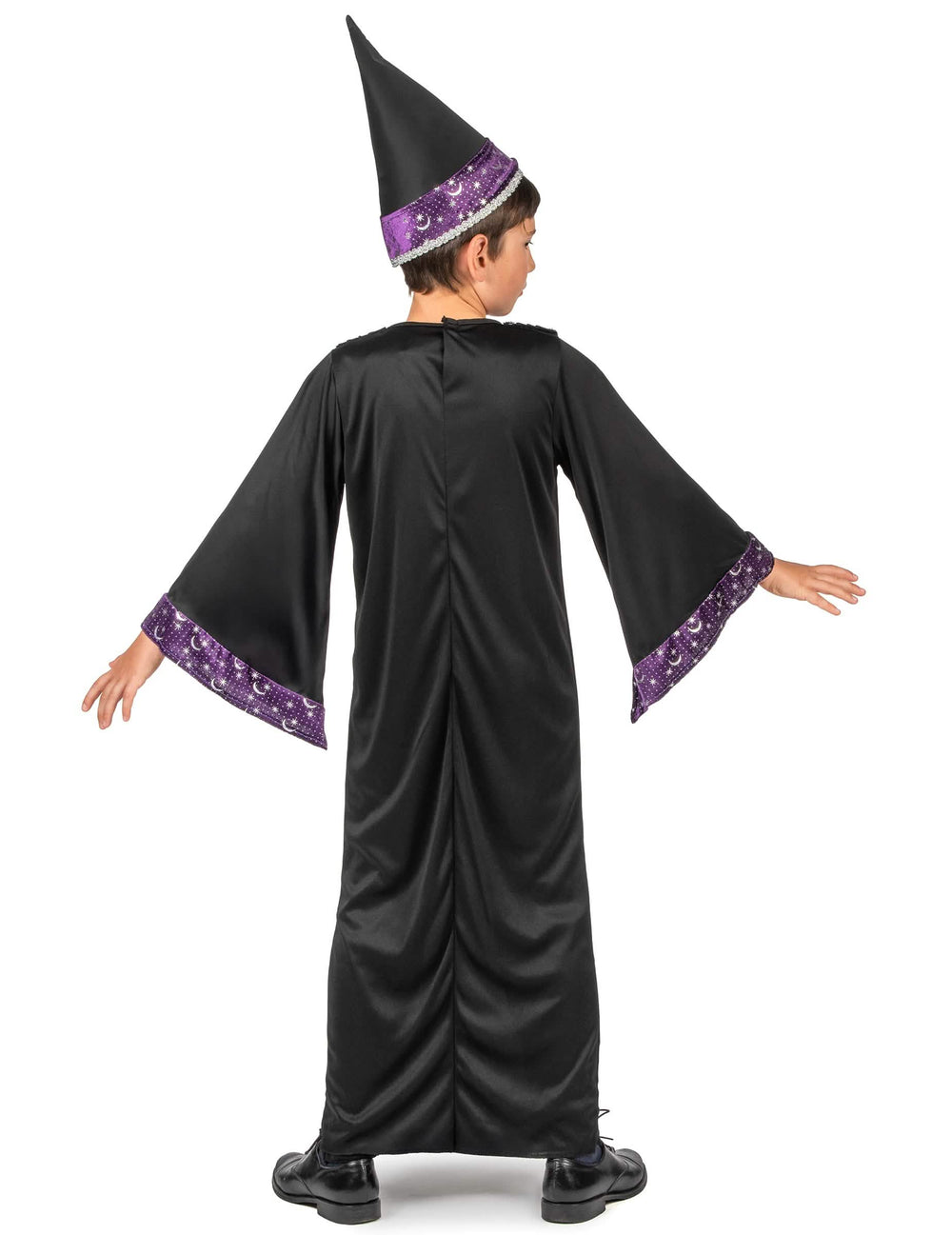 Disfraz de aprendiz de brujo para niño negro y violeta con sombrero puntiagudo