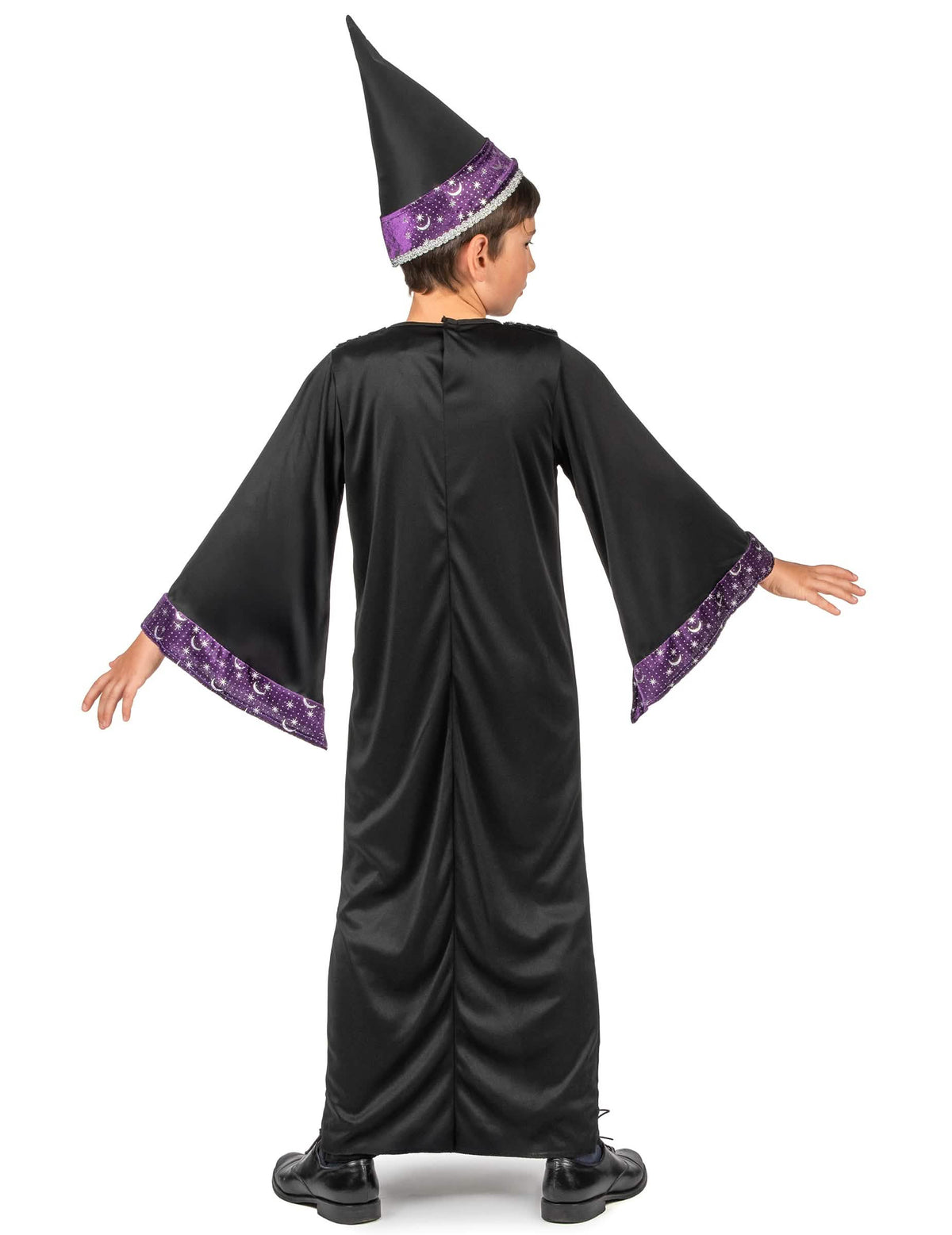 Disfraz de aprendiz de brujo para niño negro y violeta con sombrero puntiagudo