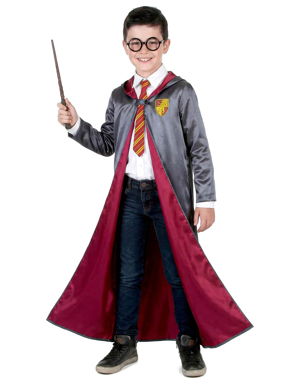 Disfraz de aprendiz de brujo para niño gris y burdeos con gafas y varita