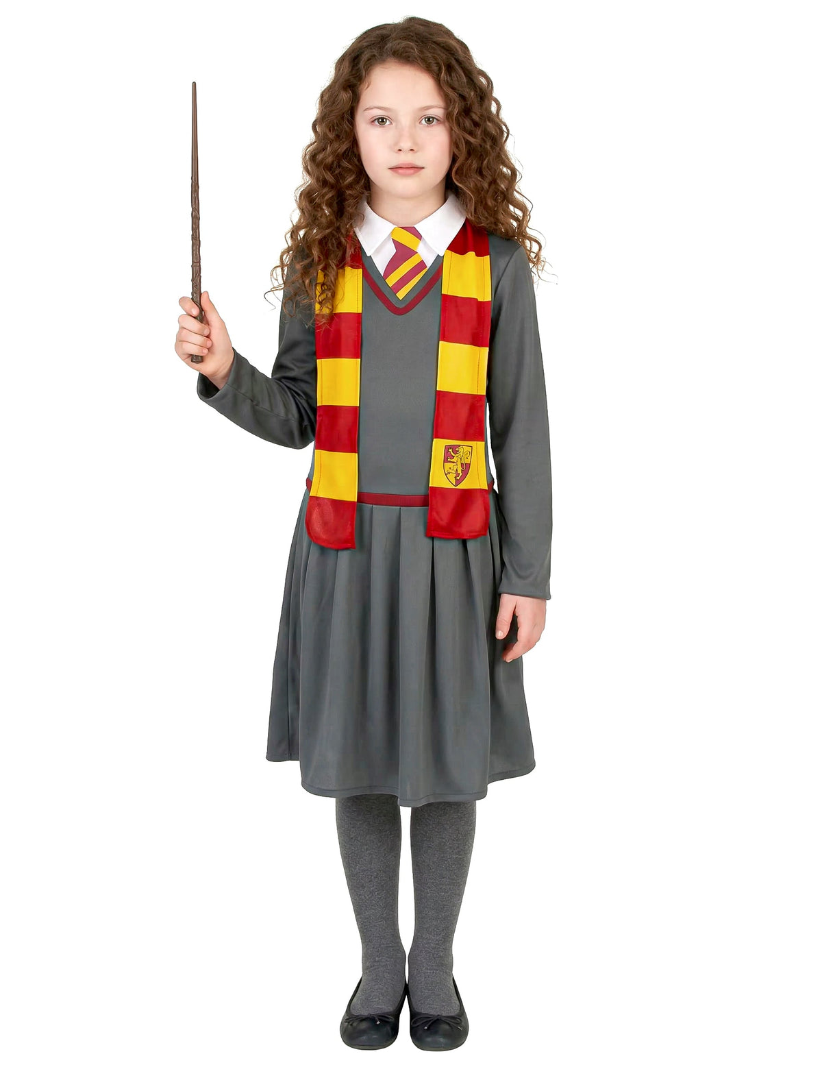 Vue de face avec baguette du déguisement d'apprentie sorcière pour fille