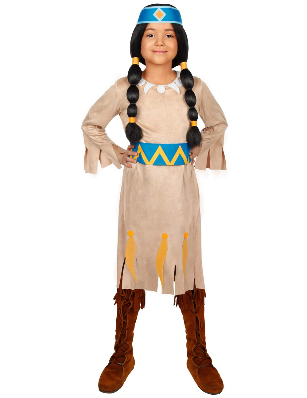 Déguisement Arc-en-Ciel - Yakari™ pour fille beige avec ceinture bleue et jaune