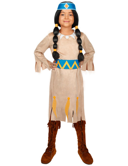 Déguisement Arc-en-Ciel - Yakari™ pour fille beige avec ceinture bleue et jaune