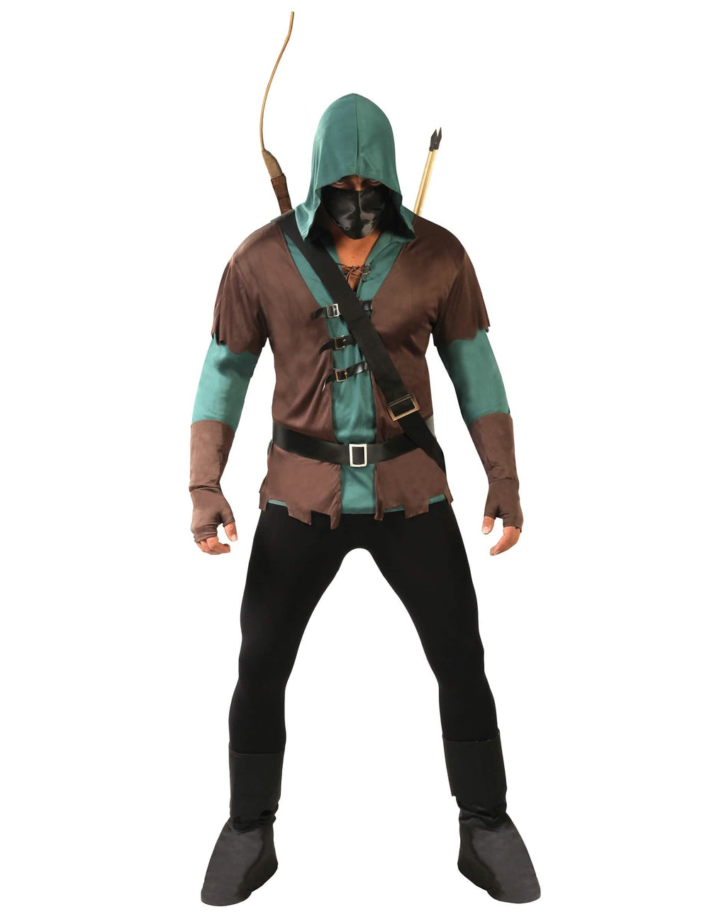 Déguisement d'archer masqué pour homme vert et marron avec capuche et arc