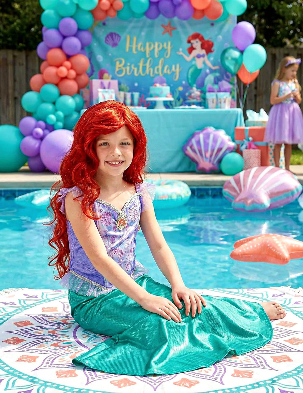 Mise en scène au bord d'une piscine du déguisement Ariel la Petite Sirène™ classique pour fille