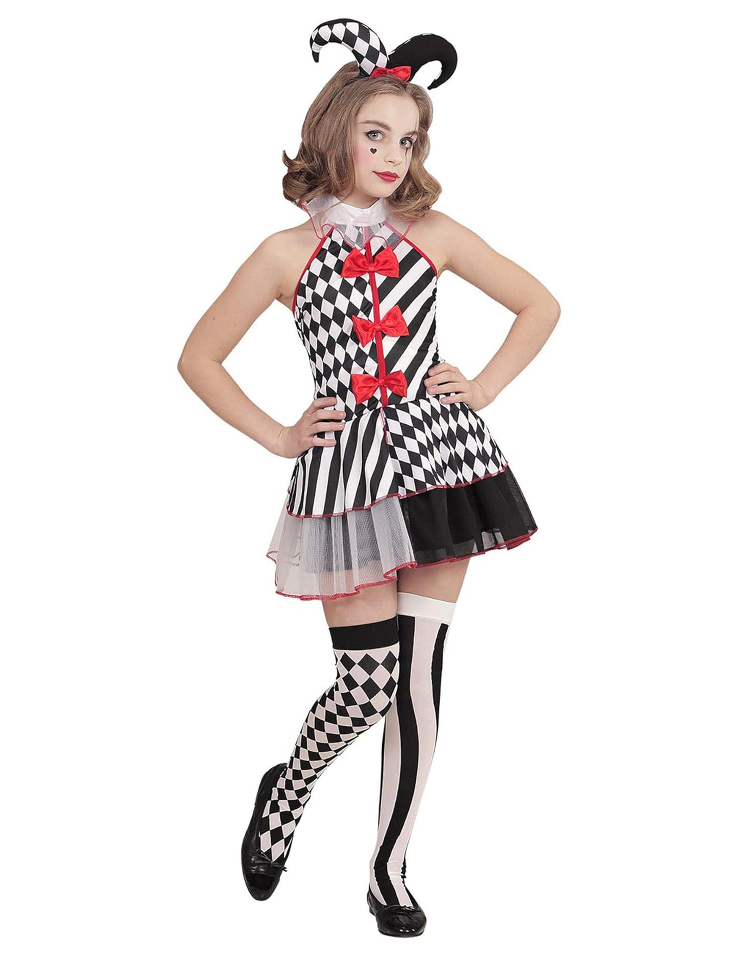 Vue de face du déguisement arlequin damier pour fille