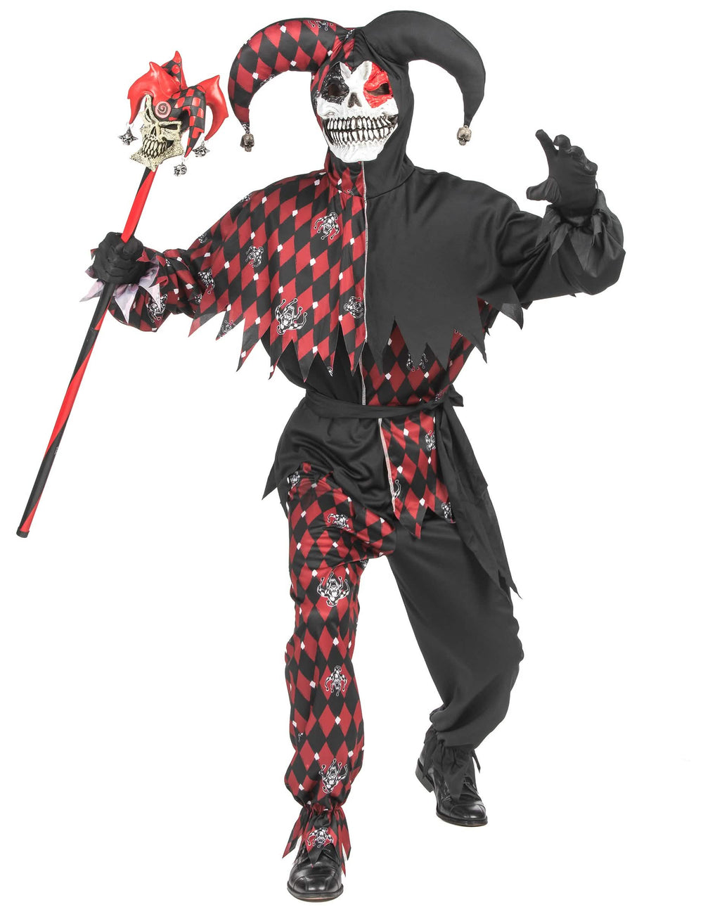 Déguisement Arlequin du mal luxe pour homme rouge et noir avec masque de squelette