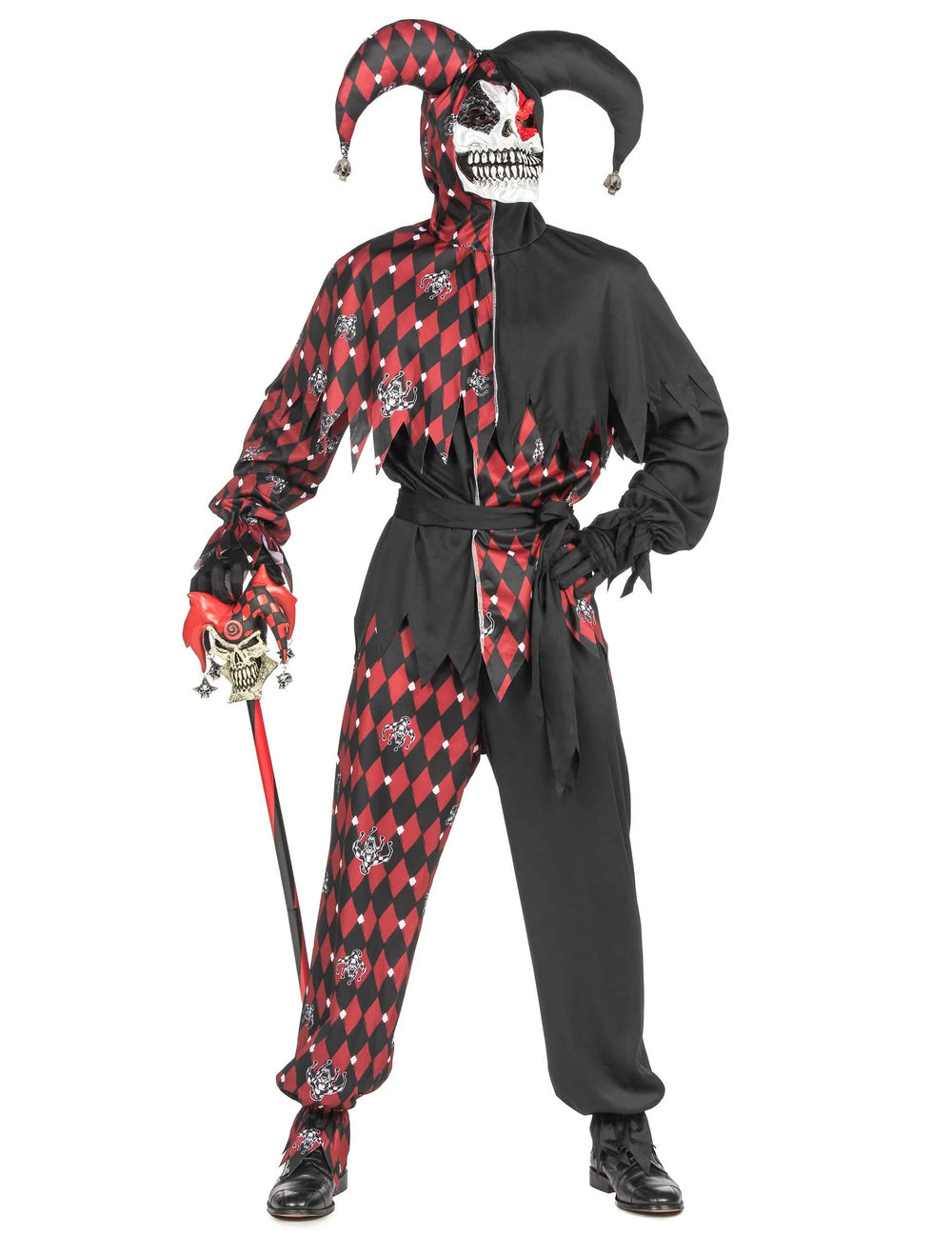 Vue de face avec sceptre du déguisement Arlequin du mal luxe pour homme