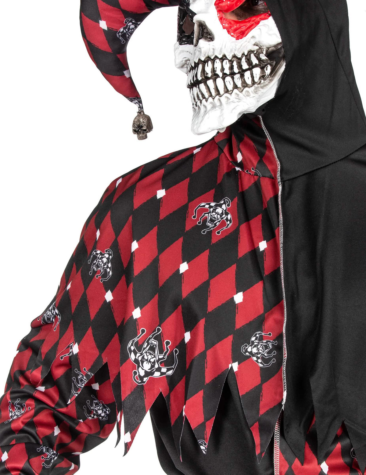 Détail du col à pointes et des motifs du déguisement Arlequin du mal luxe pour homme