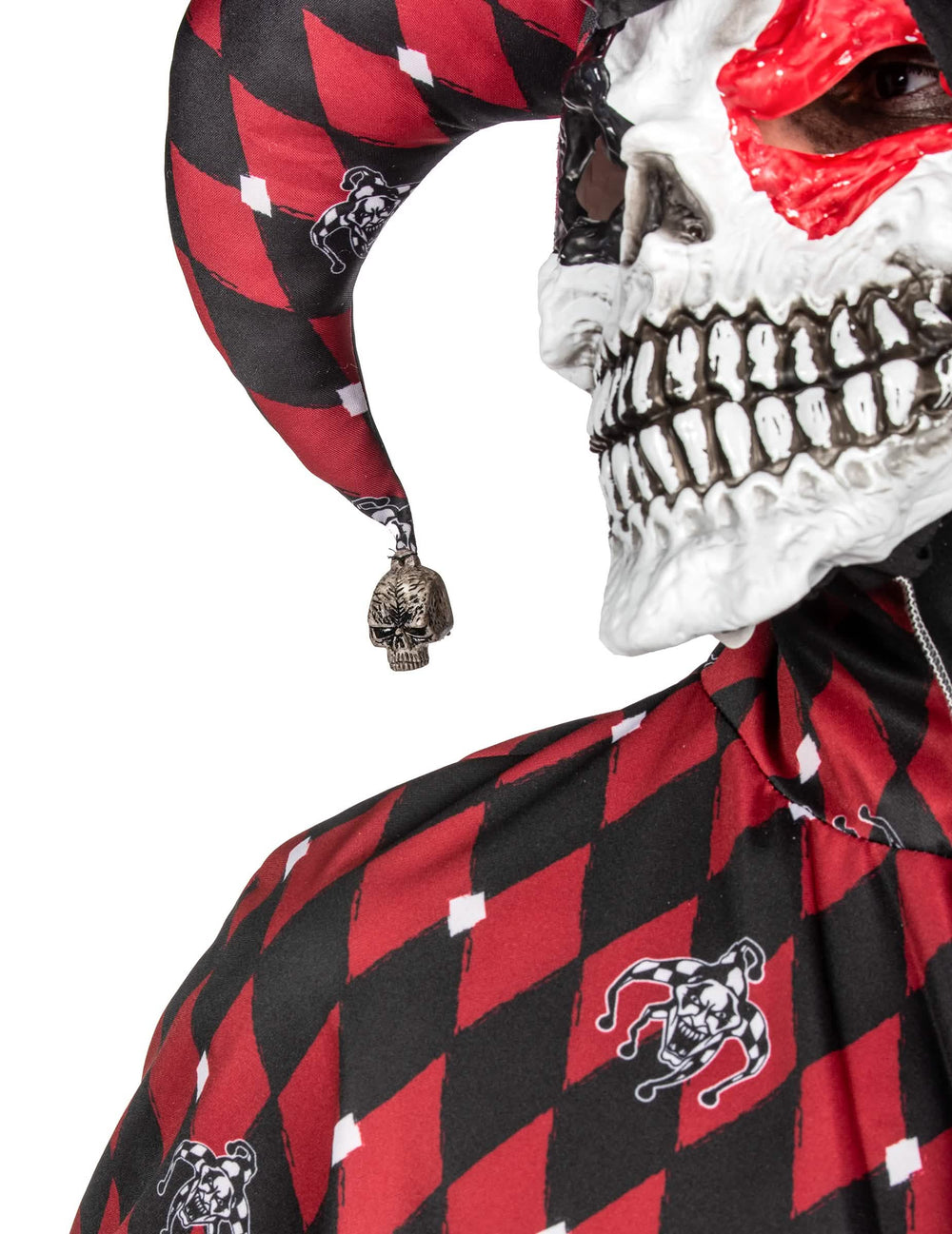 Détail du masque de squelette et du bonnet du déguisement Arlequin du mal luxe