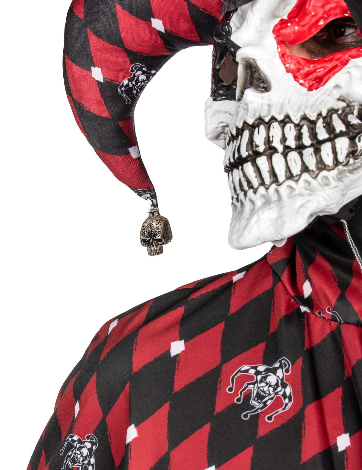 Détail du masque de squelette et du bonnet du déguisement Arlequin du mal luxe