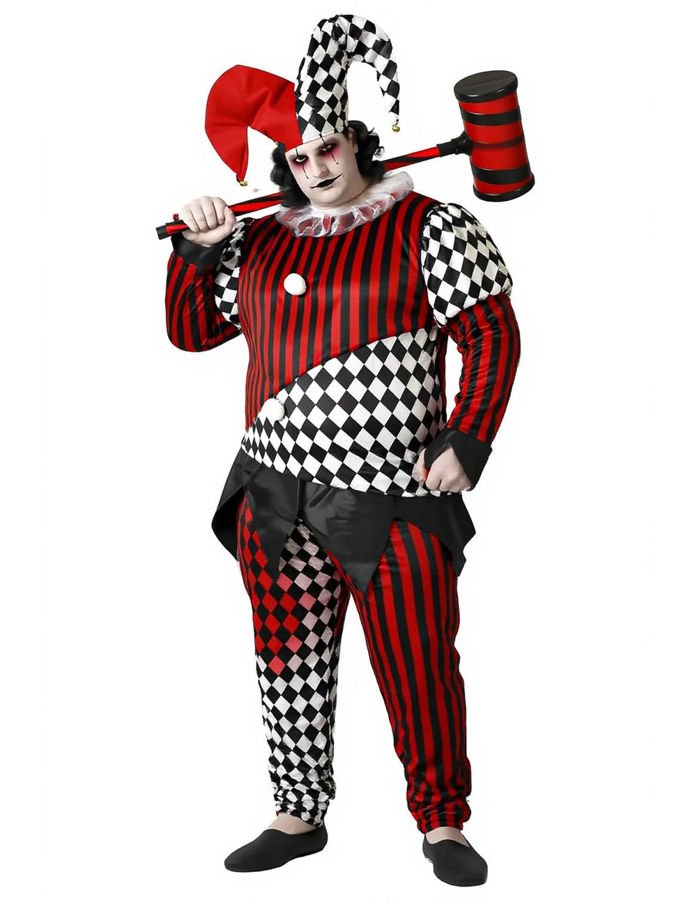 Disfraz de arlequín aterrador para hombre rojo blanco y negro a rayas y rombos con sombrero