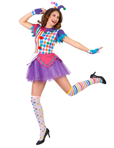 Déguisement arlequin pompons colorés femme