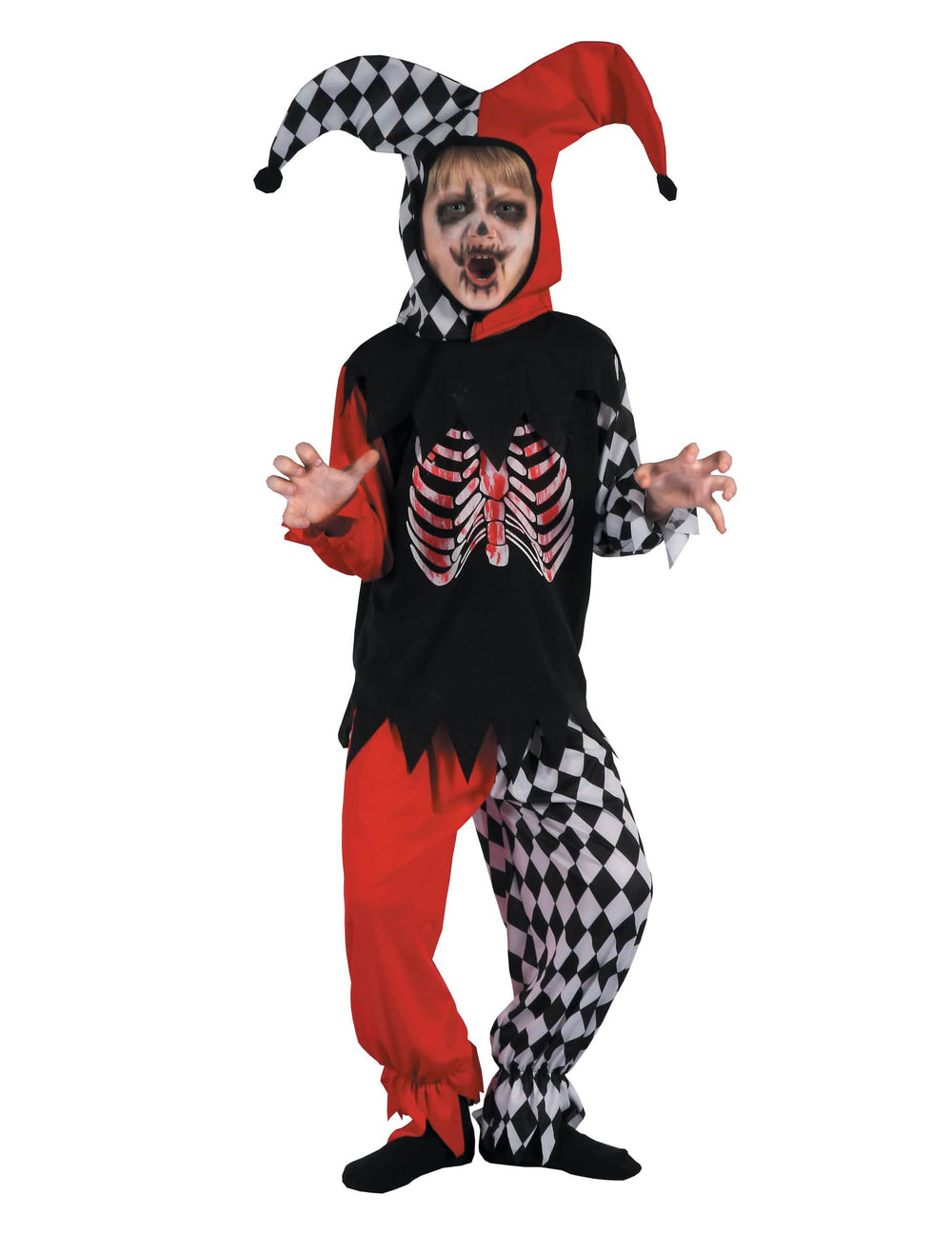 Disfraz de arlequín sangriento para niño negro y rojo a cuadros con estampado de esqueleto