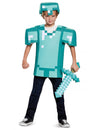 Déguisement armure Minecraft pour enfant bleu turquoise avec casque et épée