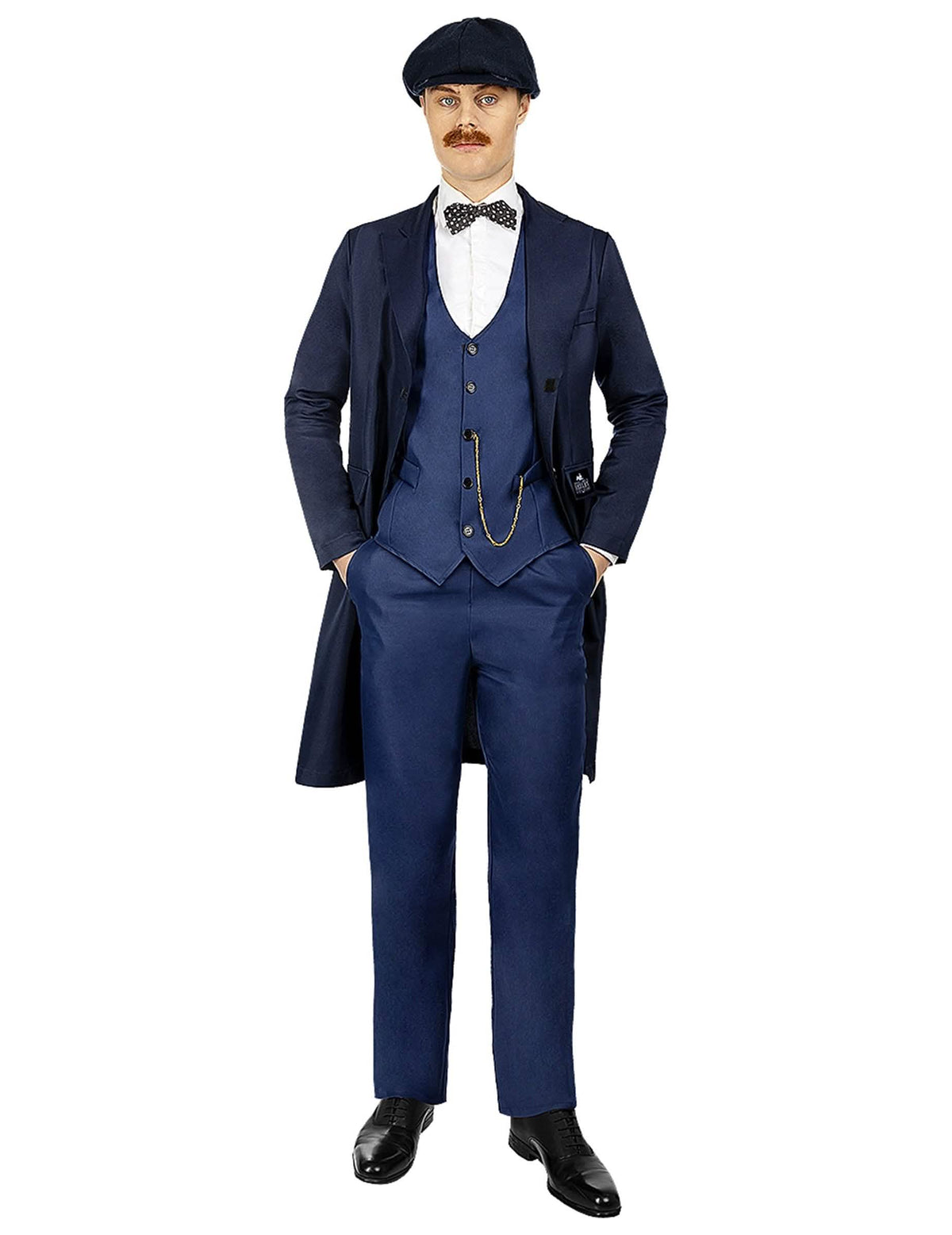 Vue de face du costume d'homme bleu marine du déguisement de couple Tommy et Arthur Shelby Peaky Blinders pour adultes