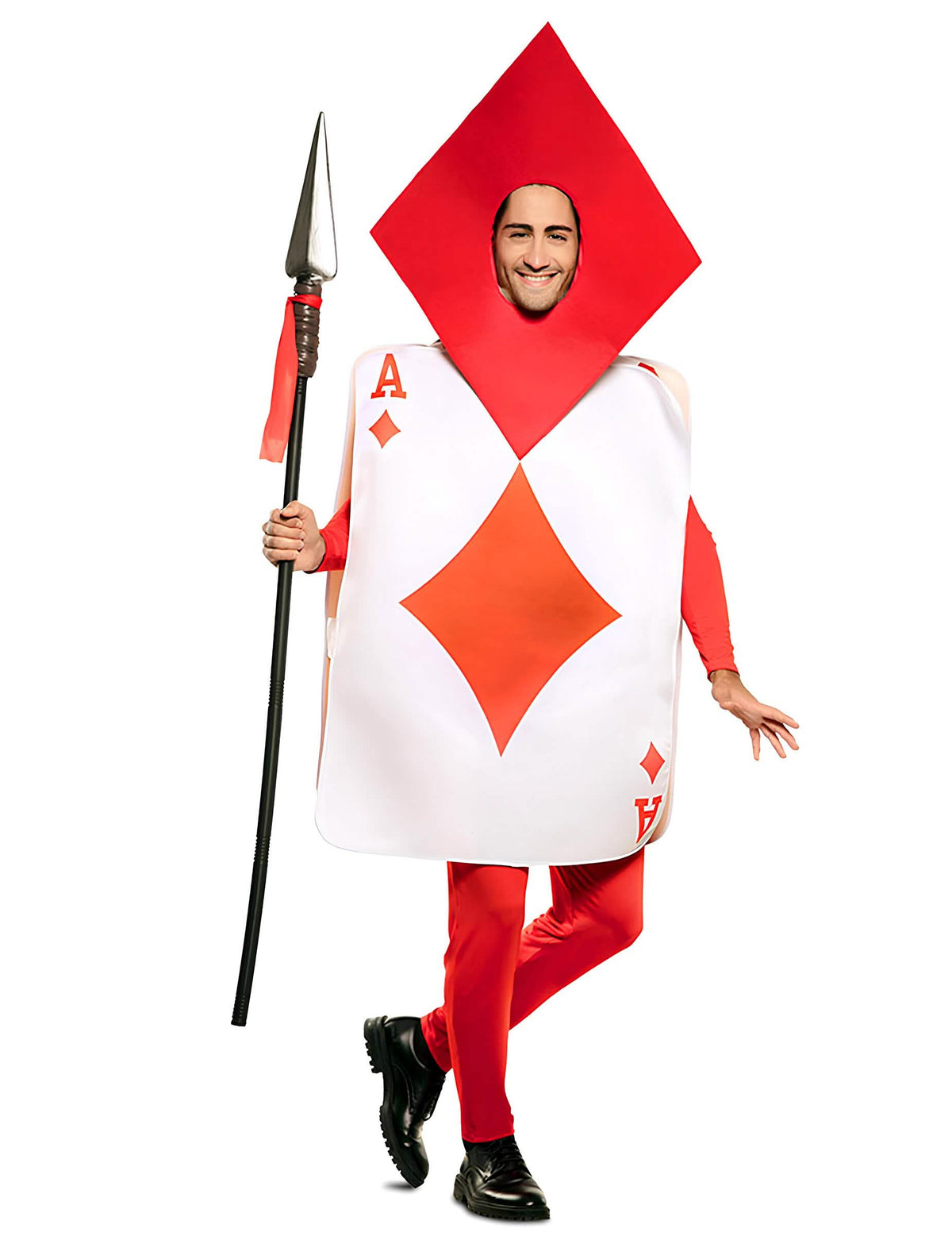 Disfraz de as de diamantes para adulto rojo y blanco con tocado en forma de rombo