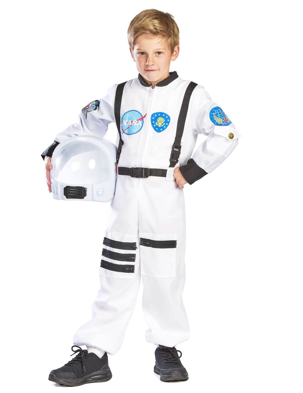 Disfraz de espacio para niño blanco con parches y casco