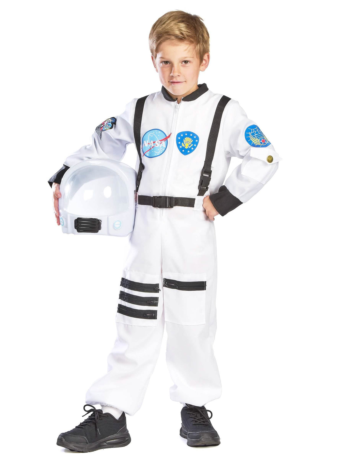 Disfraz de espacio para niño blanco con parches y casco