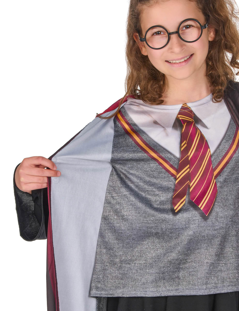 Detalle de la corbata y del top estampados del disfraz con accesorios Harry Potter™