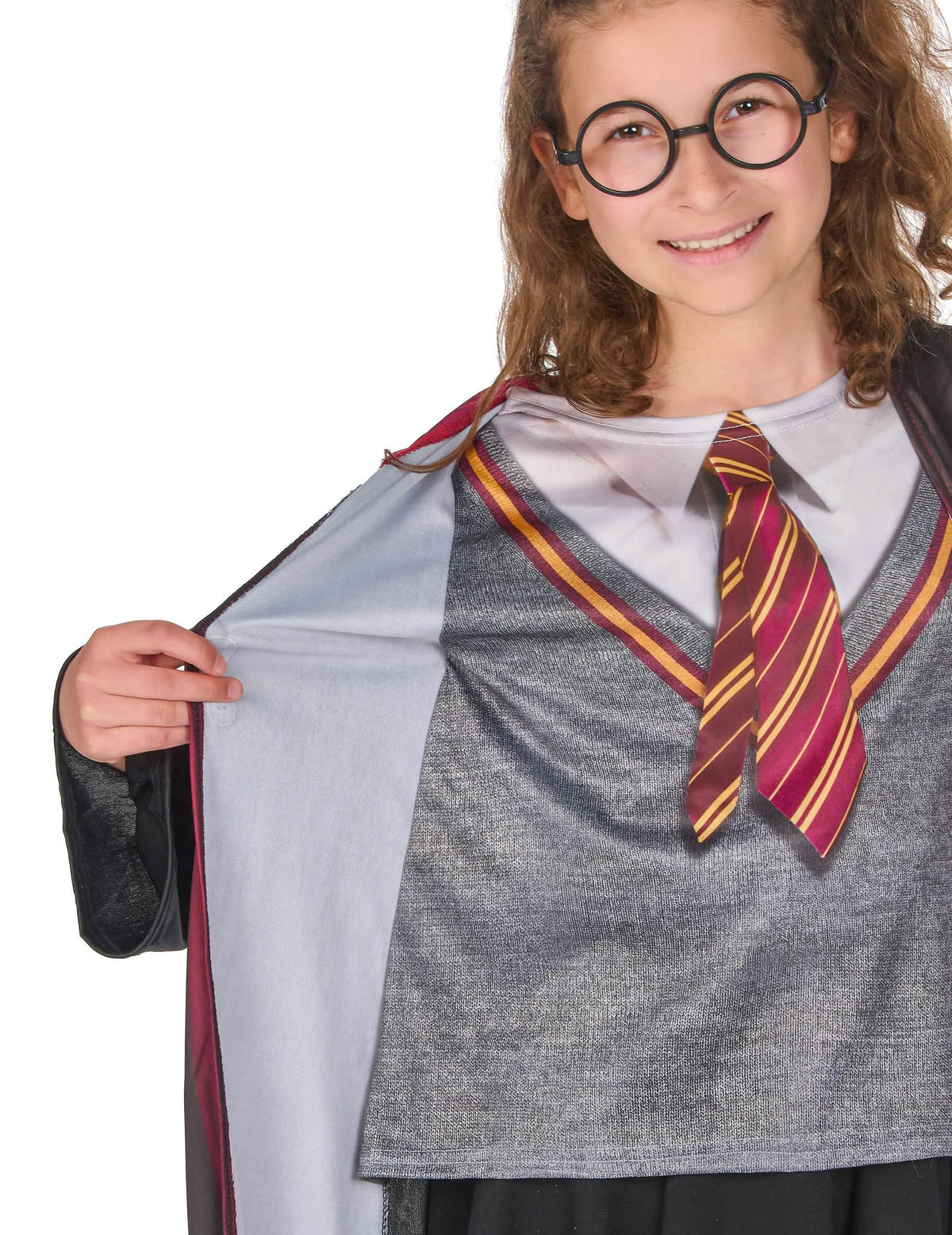 Detalle de la corbata y del top estampados del disfraz con accesorios Harry Potter™
