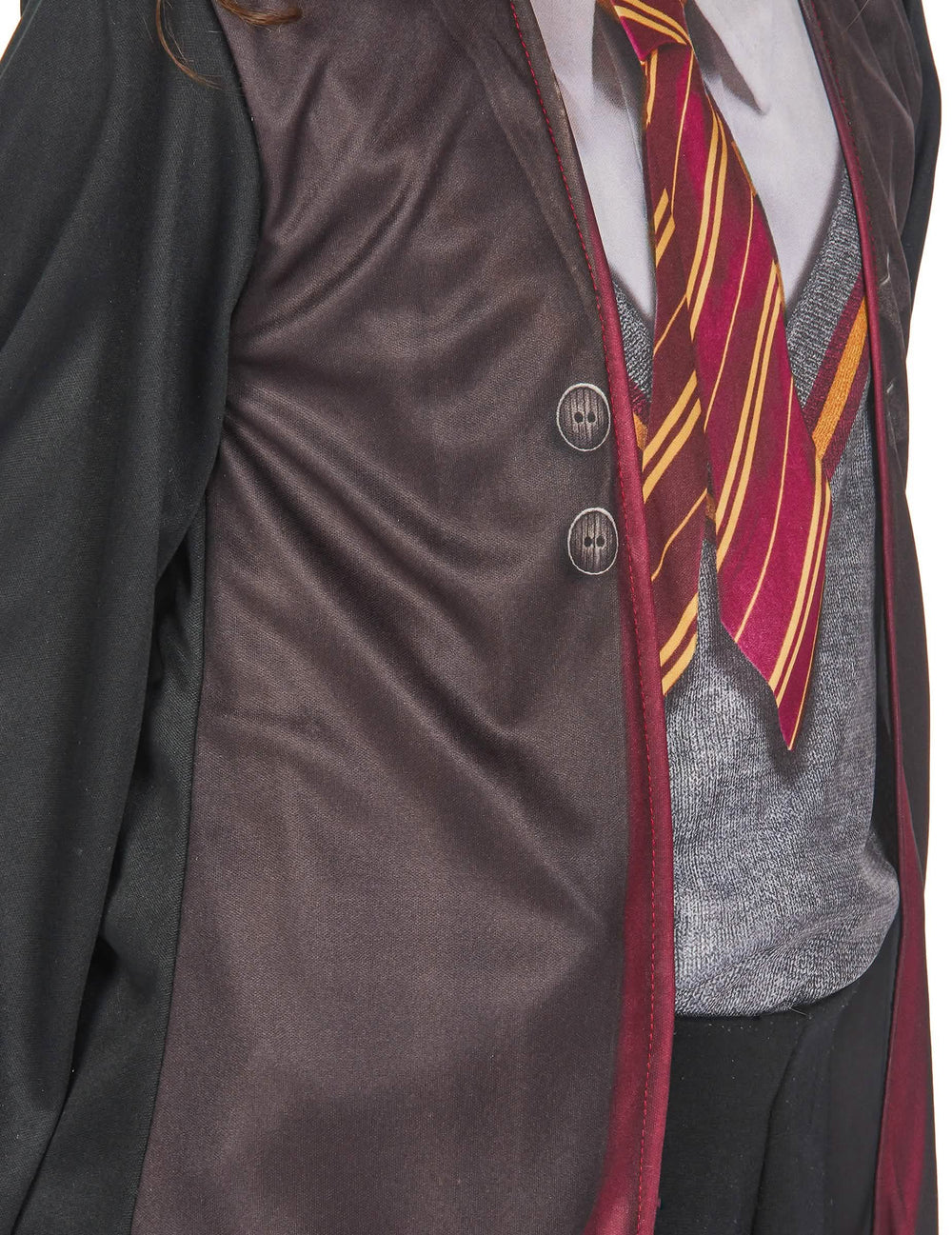 Primer plano de la chaqueta y la corbata del disfraz con accesorios Harry Potter™