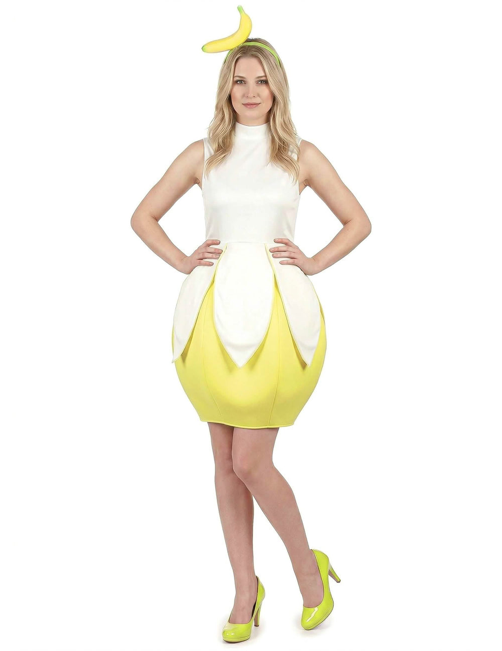 Vista frontal del disfraz de banana para mujer