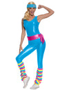 Déguisement Barbie™ aérobic pour femme bleu avec ceinture rose et jambières rayées
