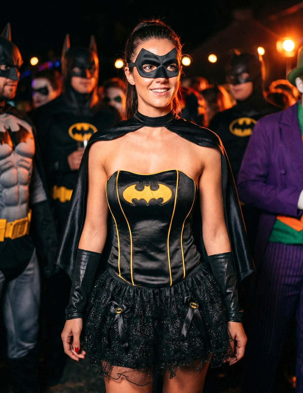 Puesta en escena rodeada de Batman del disfraz sexy de Batgirl™ para mujer