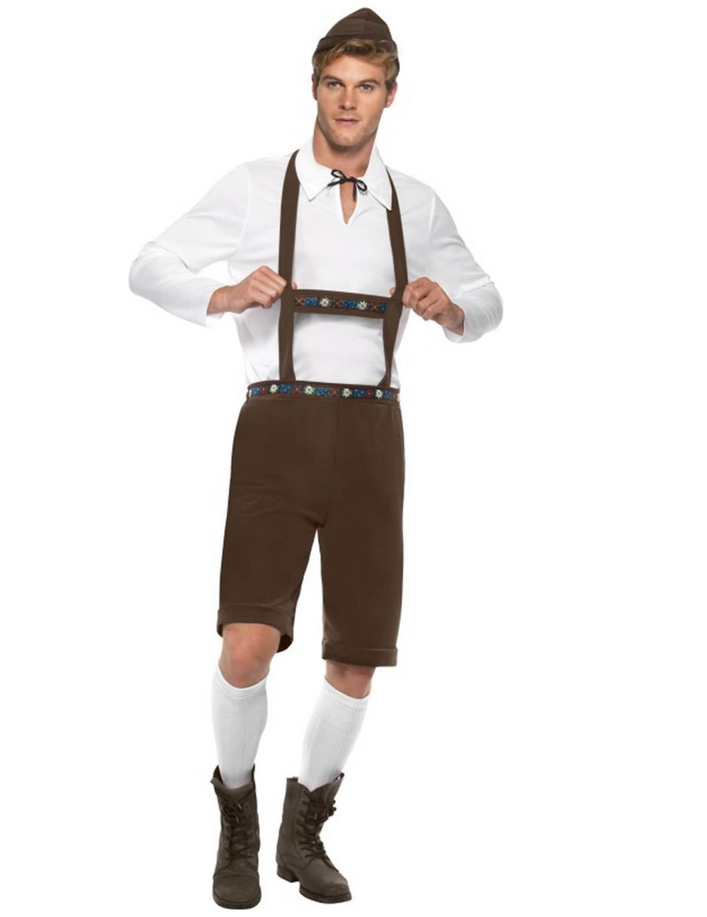 Disfraz bávaro completo para hombre marrón y blanco con sombrero