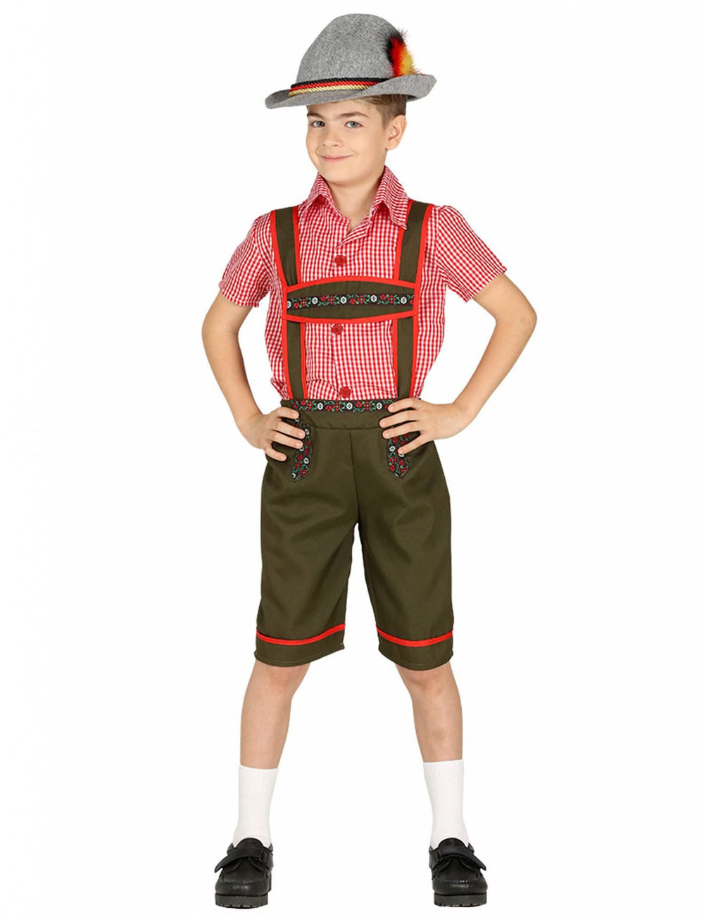 Disfraz bávaro para niño con camisa roja a cuadros y short verde oliva con sombrero