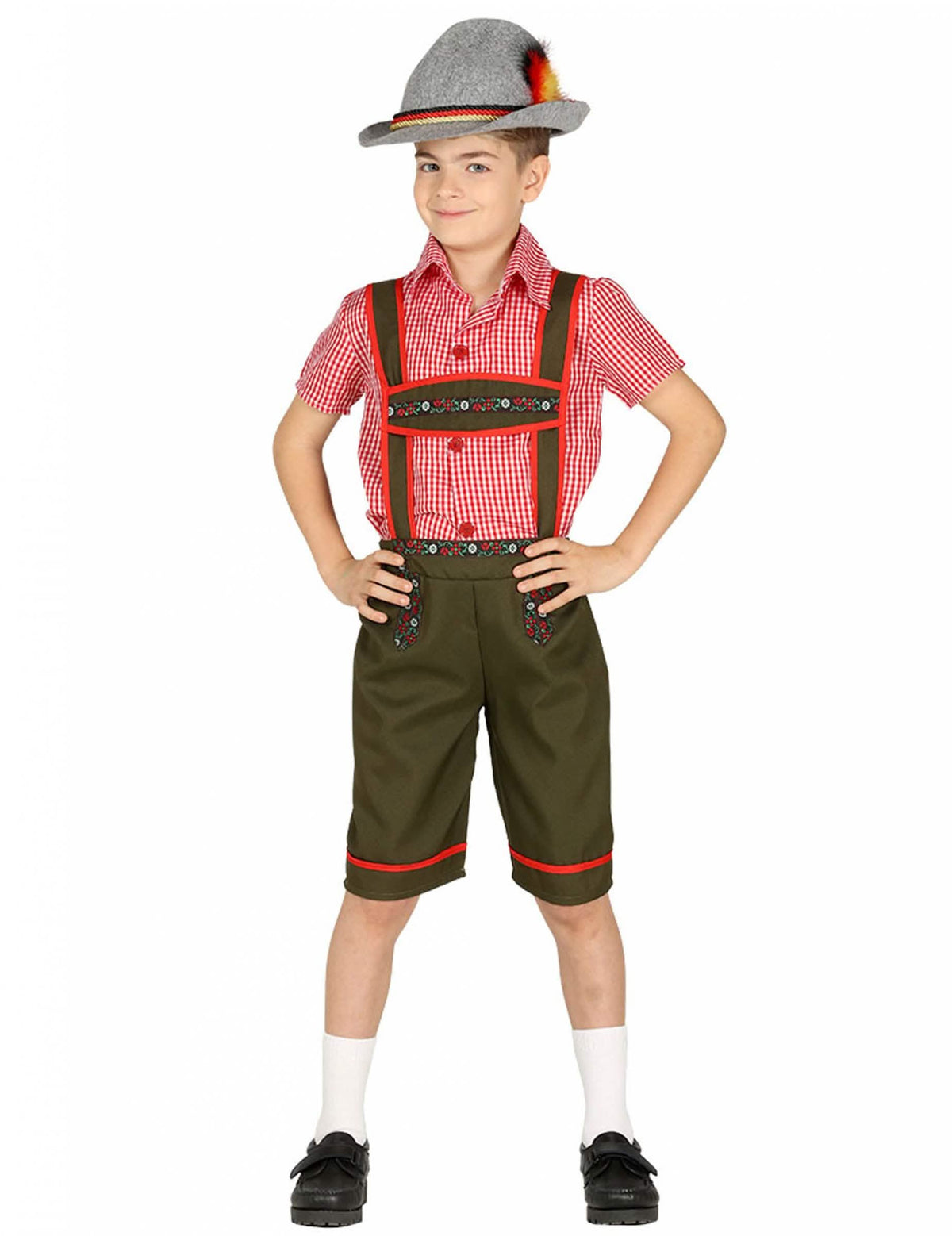 Disfraz bávaro para niño con camisa roja a cuadros y short verde oliva con sombrero
