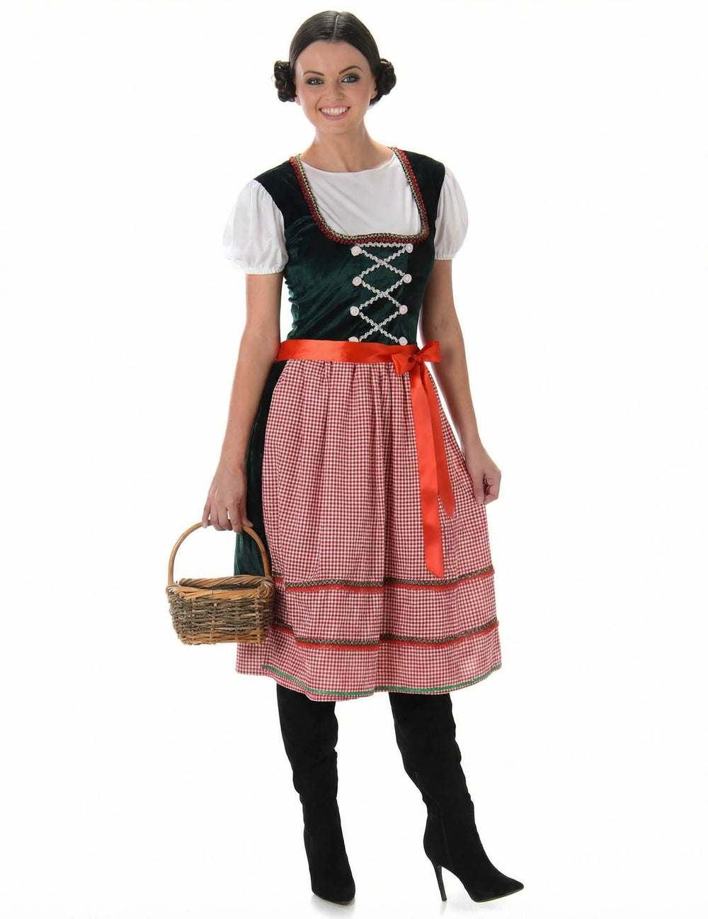 Déguisement de bavaroise robe longue pour femme vert et rouge à carreaux