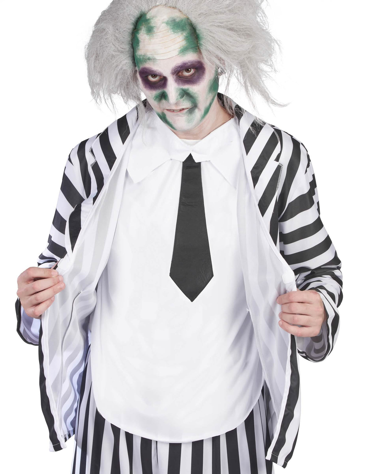 Détail de la veste et de la cravate du déguisement Beetlejuice pour homme