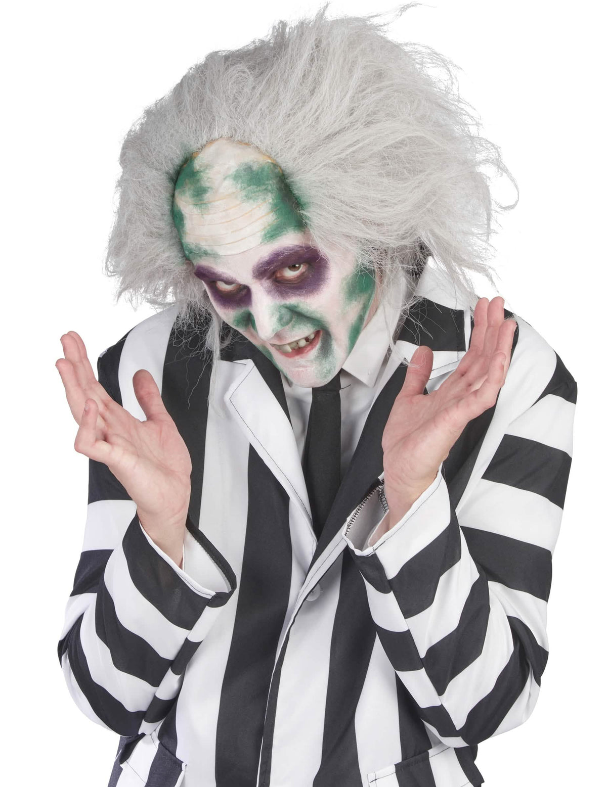 Gros plan sur le maquillage et la perruque du déguisement Beetlejuice™ pour homme
