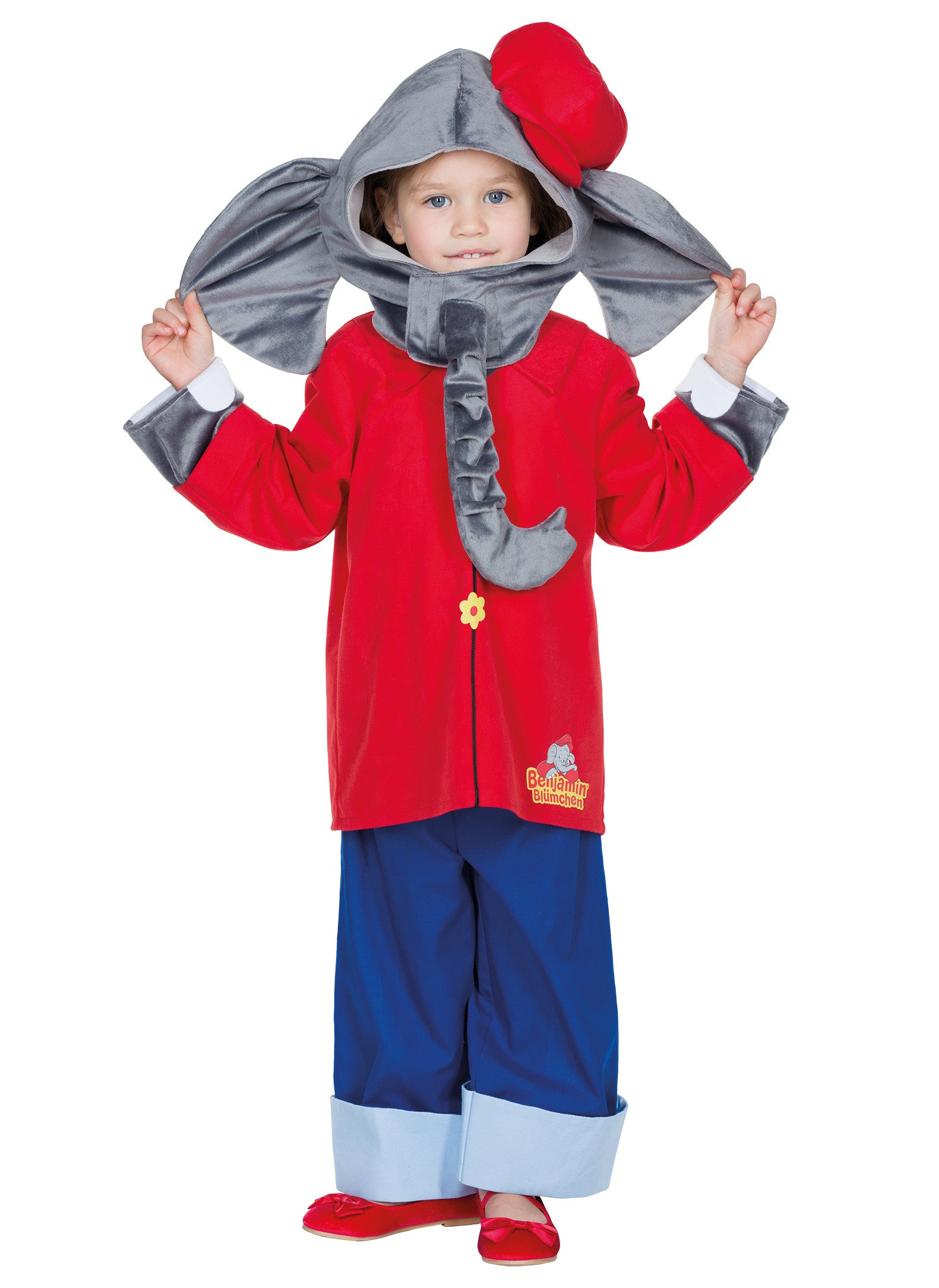 Déguisement Benjamin Blümchen luxe pour enfant rouge et bleu avec cagoule éléphant grise