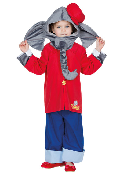 Déguisement Benjamin Blümchen luxe pour enfant rouge et bleu avec cagoule éléphant grise