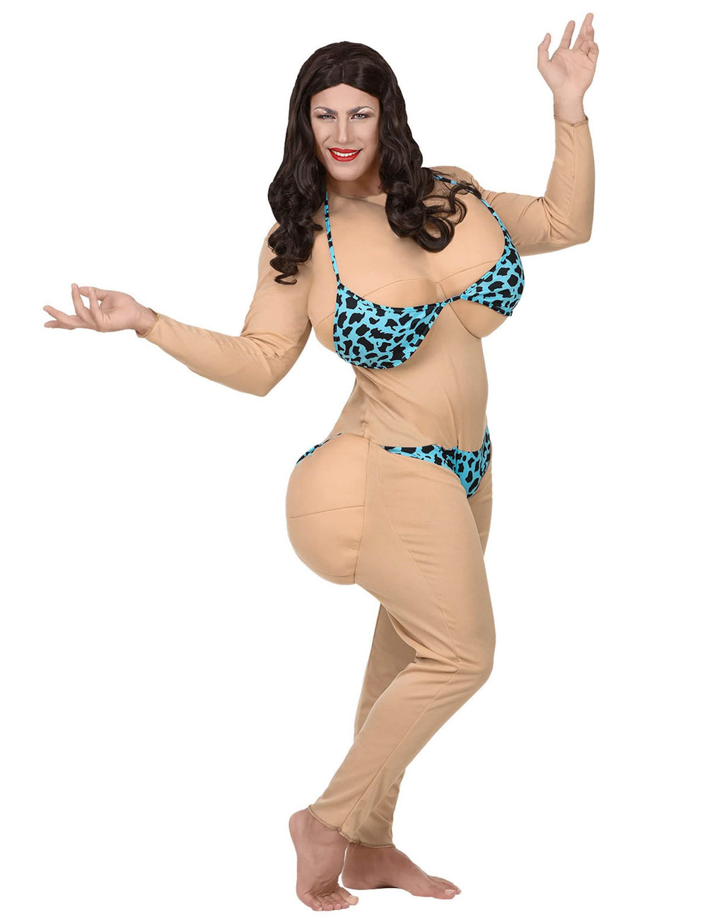 Disfraz bimbo de playa para adulto color carne con bikini azul de leopardo acolchado