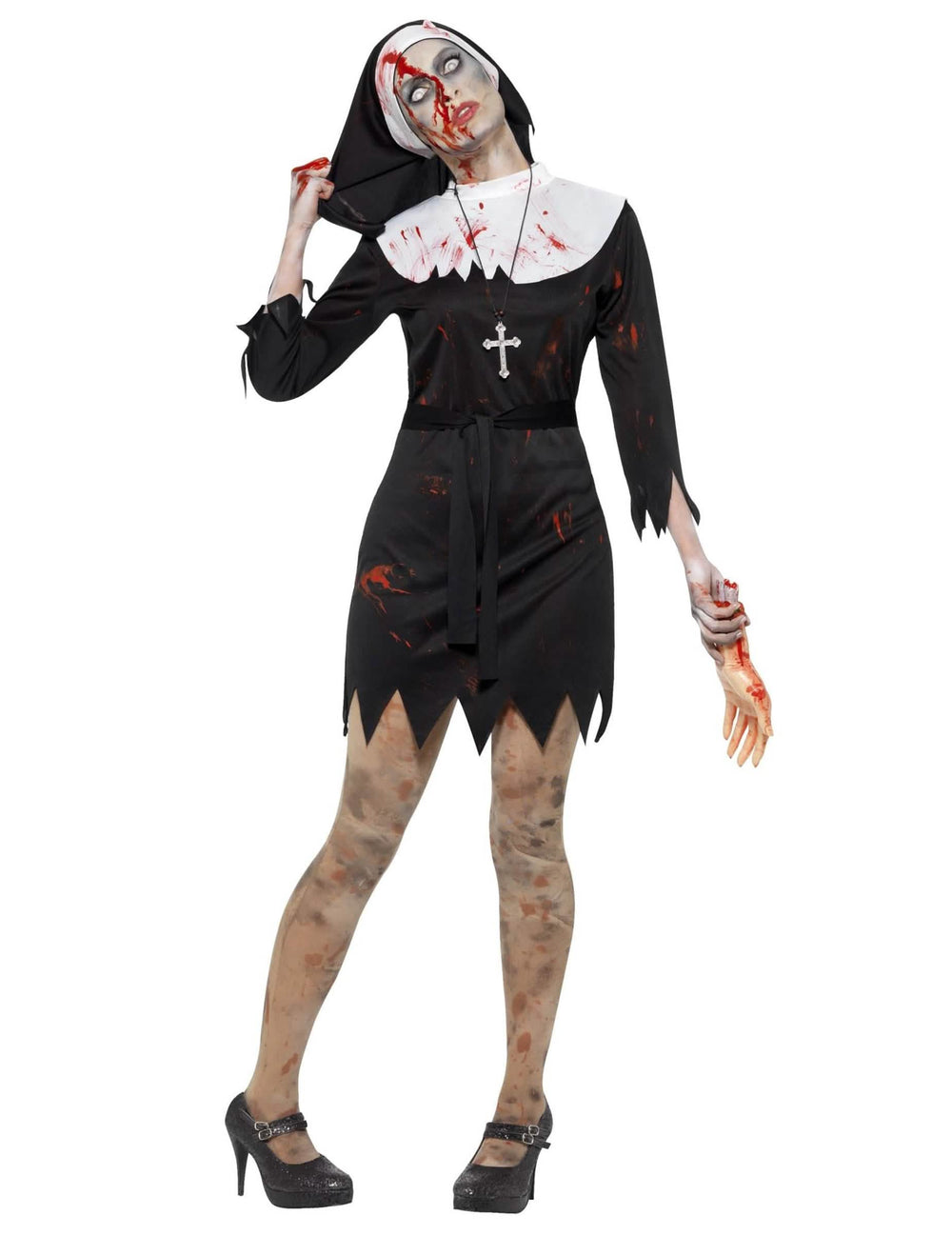 Disfraz de monja zombie para mujer negra y ensangrentada