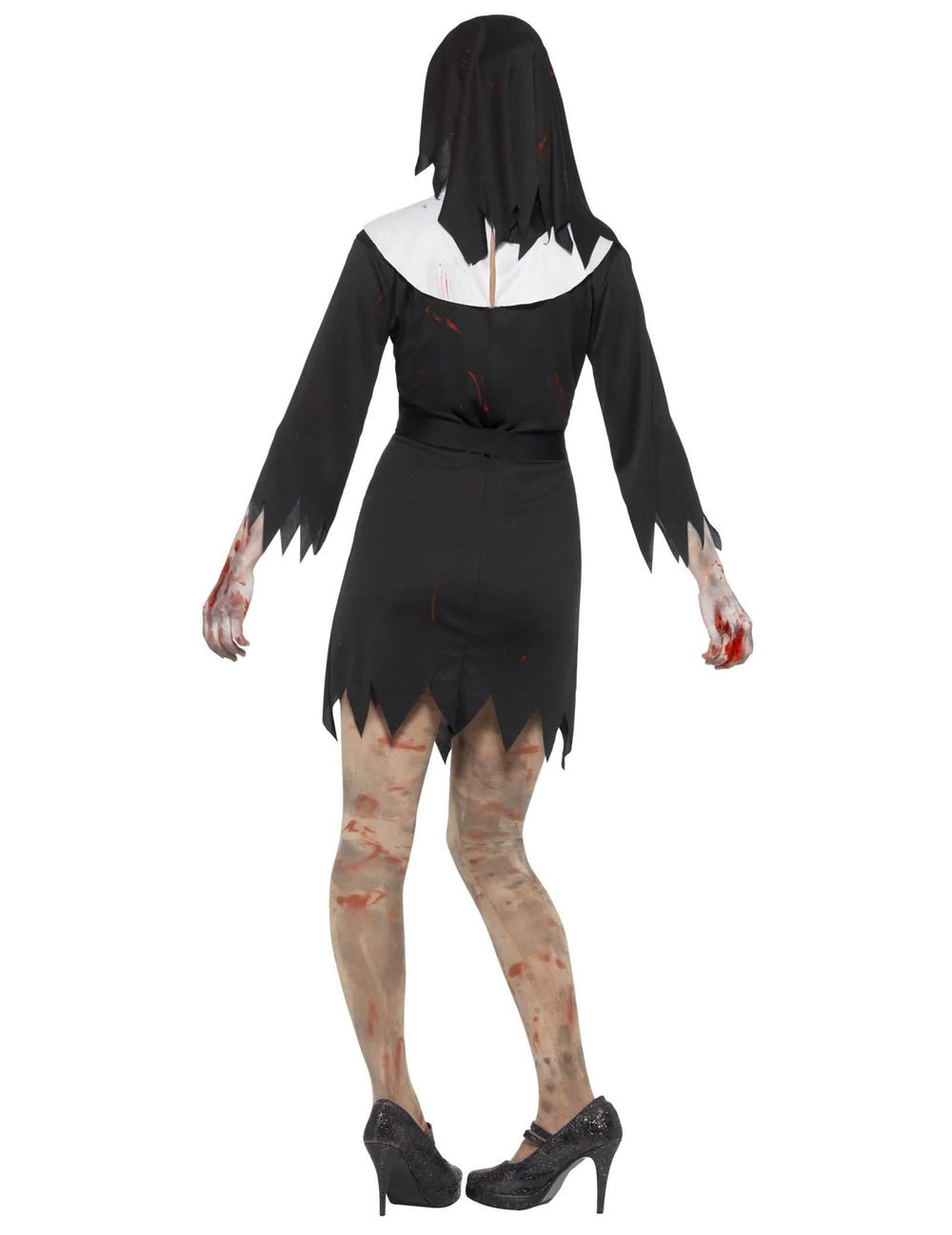 Vista trasera del disfraz de monja zombie para mujer
