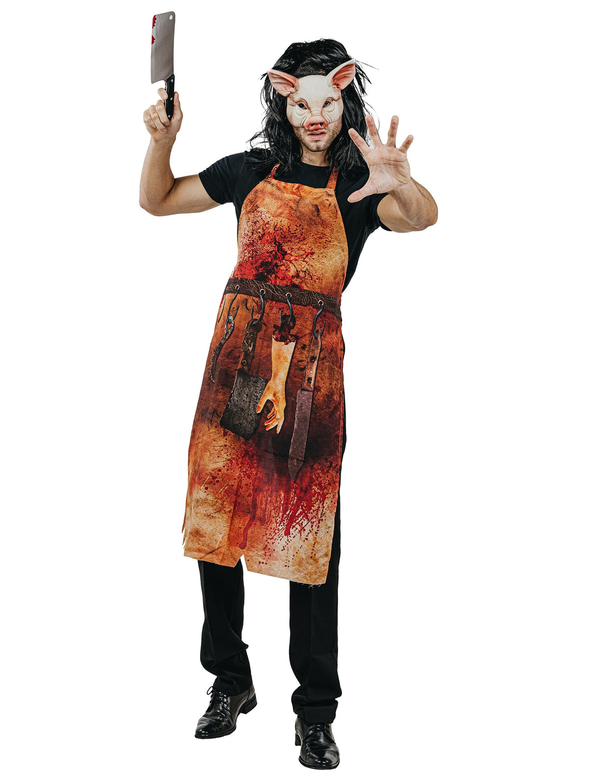 Déguisement boucher ensanglanté Halloween pour adulte marron et rouge avec tablier et masque de cochon