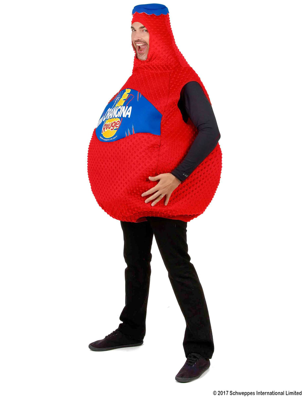 Vue de profil du déguisement bouteille d'orangina rouge