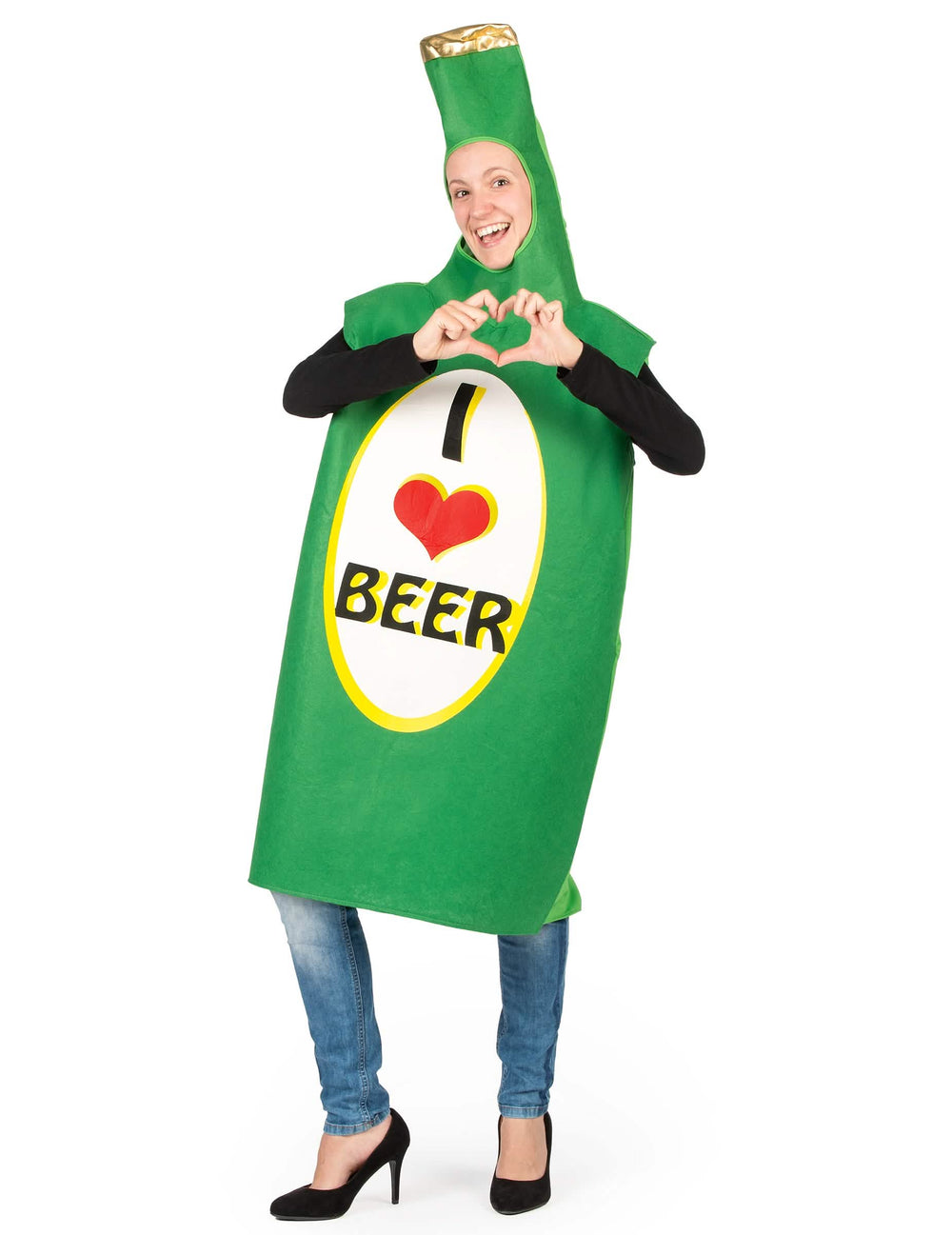 Vista frontal haciendo un corazón con las manos del disfraz de botella de cerveza para adulto